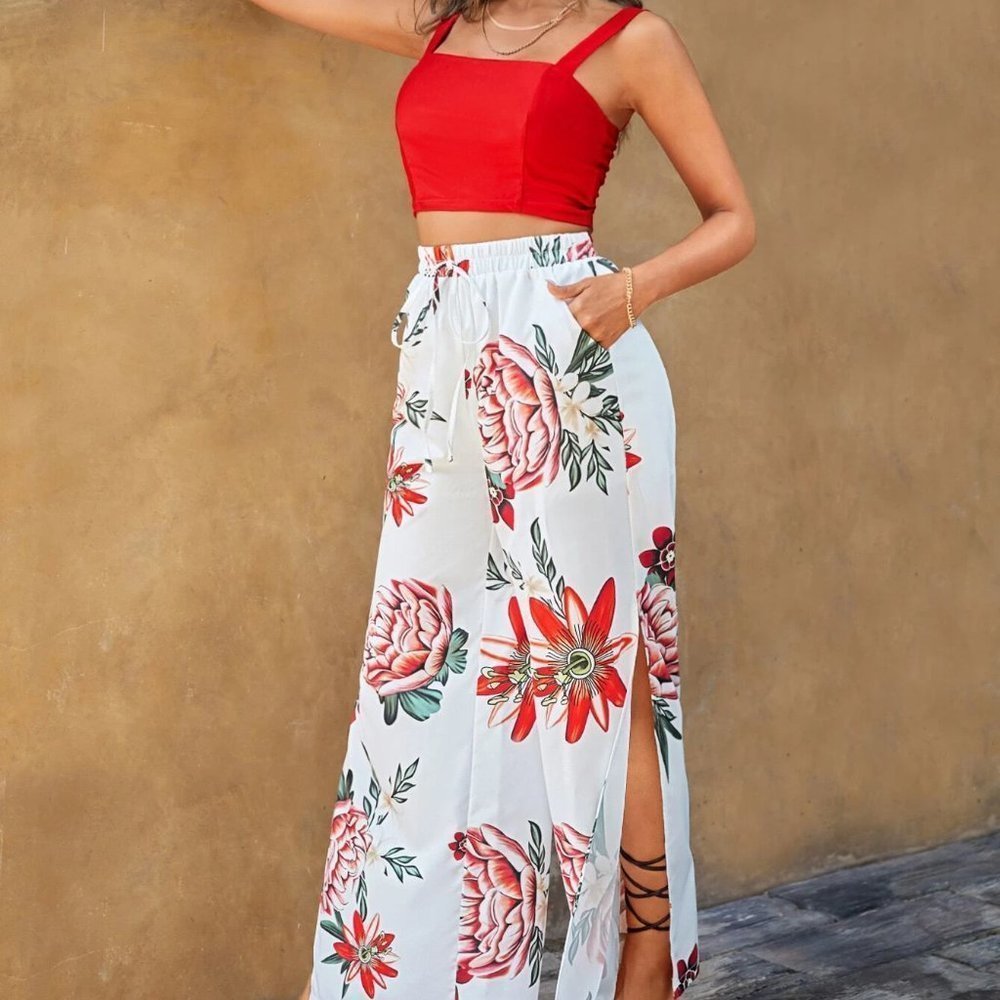 Boho Womens Solid Cami Top & Floral Print Split Thigh Pants set - Picture 4 of 5